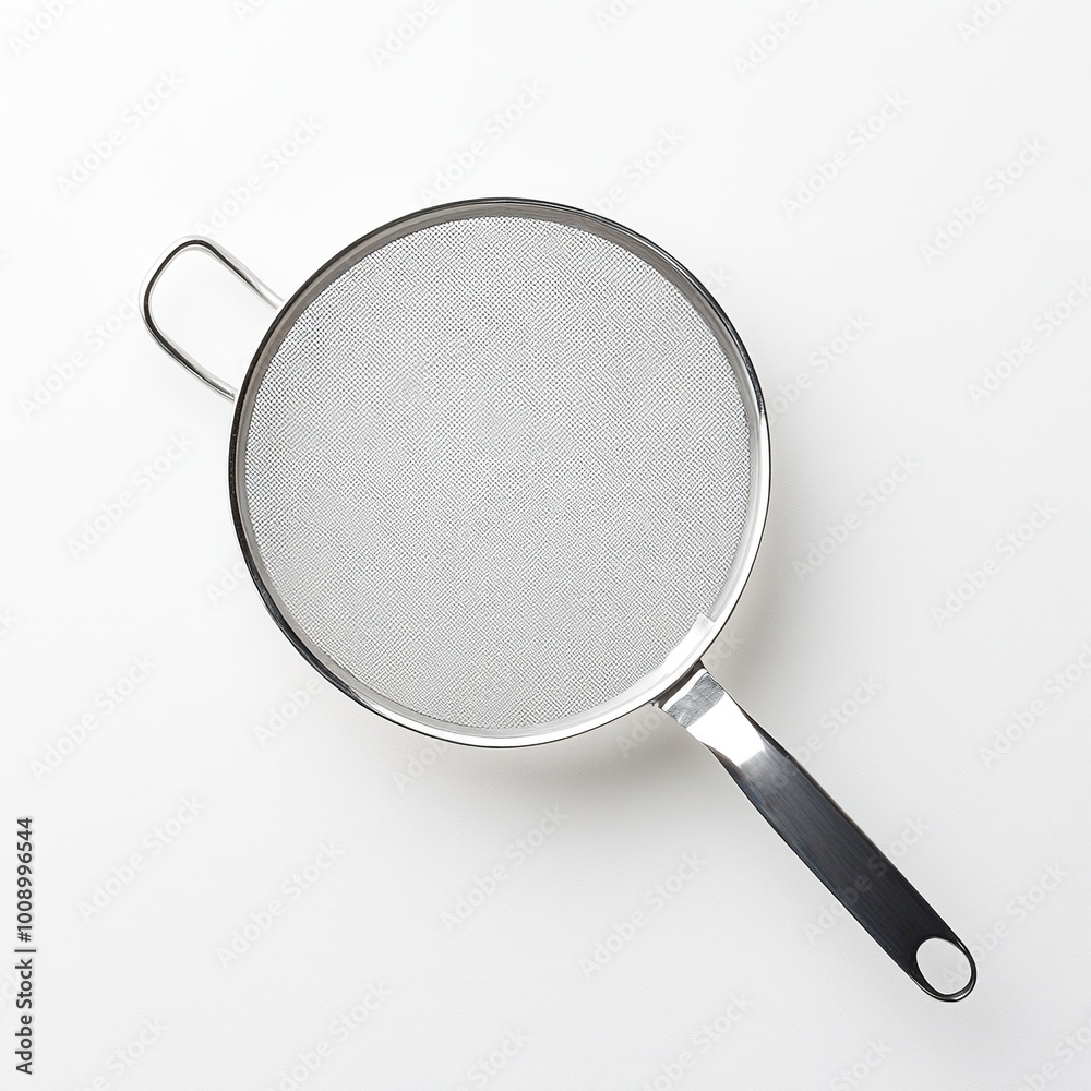 A stainless steel mesh strainer with a handle, used for filtering liquids or sifting dry ingredients. A stainless steel mesh strainer with a handle, used for filtering liquids or sifting dry ingredients.