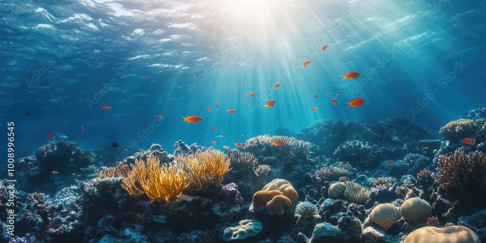 Naklejka premium Vibrant underwater scene showcasing coral reef, colorful fish, and sun rays penetrating the clear ocean water.