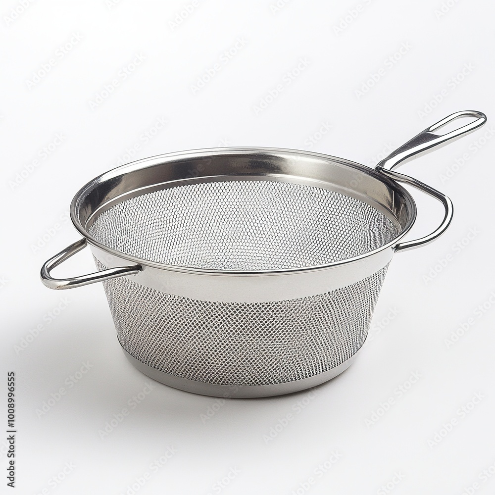 A stainless steel mesh strainer used for draining liquids from food. A stainless steel mesh strainer used for draining liquids from food.