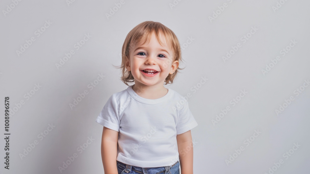 Happy smiling toddler standing on a white background with bright expression Happy smiling toddler standing on a white background with bright expression