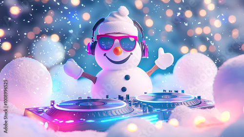 Snowman wearing sunglasses and a hat is playing a DJ