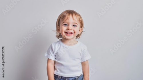 Happy smiling toddler standing on a white background with bright expression