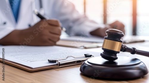 A court gavel is on the table next to a doctor studying legal documents. Ideal for illustrating the concepts of law and justice in medicine. photo