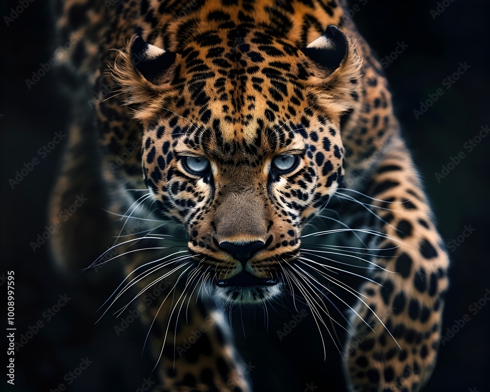 Obraz premium Fierce Leopard Mid Pounce Intense Predatory Focus Captured in Its Eyes