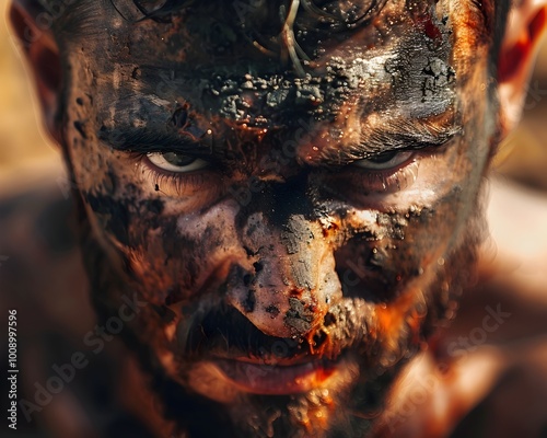 Fierce Gladiator s Face in the Arena Smeared with Dirt and Blood Burning with the Will to Survive photo