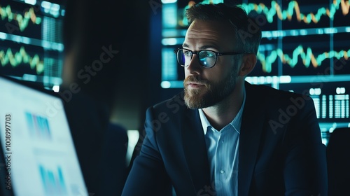 Man analyzing data on computer screens.