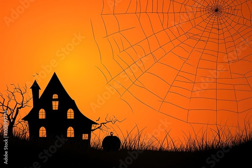 Background Spooky halloween theme orange sky with large cloudy full moon, big house, bat, gravestone, creepy tree and a copy space area. Suitable to use for Halloween celebration in October.
 photo