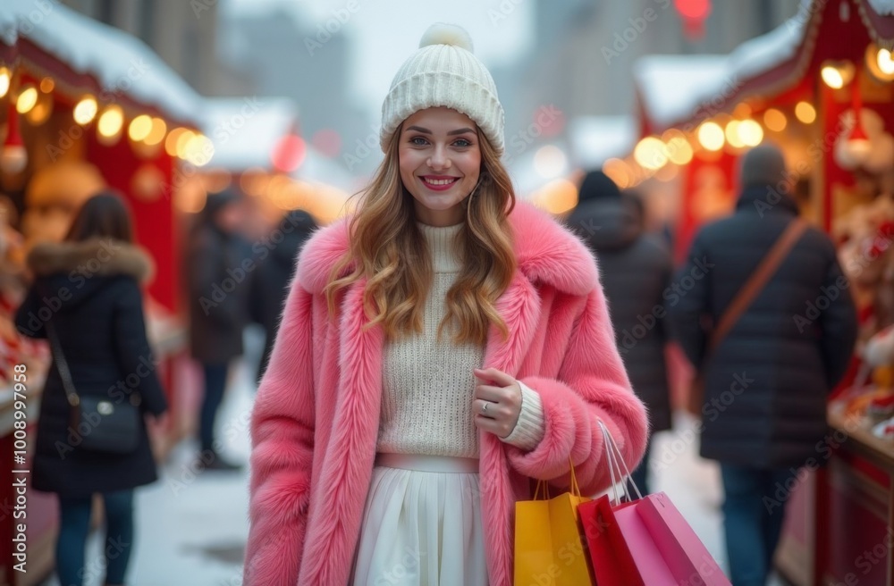 woman, girl in pink fur coat at New Year's fair, smiling, looking at camera woman, girl in pink fur coat at New Year's fair, smiling, looking at camera