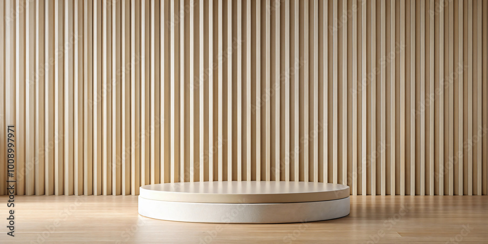 Wood podium. 3D stand for the product. Empty wooden platform against a wall of vertical slats. Empty pedestal in studio with modern interior. Wood podium. 3D stand for the product. Empty wooden platform against a wall of vertical slats. Empty pedestal in studio with modern interior.