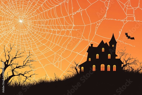 Background Spooky halloween theme orange sky with large cloudy full moon, big house, bat, gravestone, creepy tree and a copy space area. Suitable to use for Halloween celebration in October.
 photo