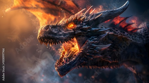 Fierce Dragon s Fiery Roar Intense Close Up of Mythical Power and Elemental Energy photo