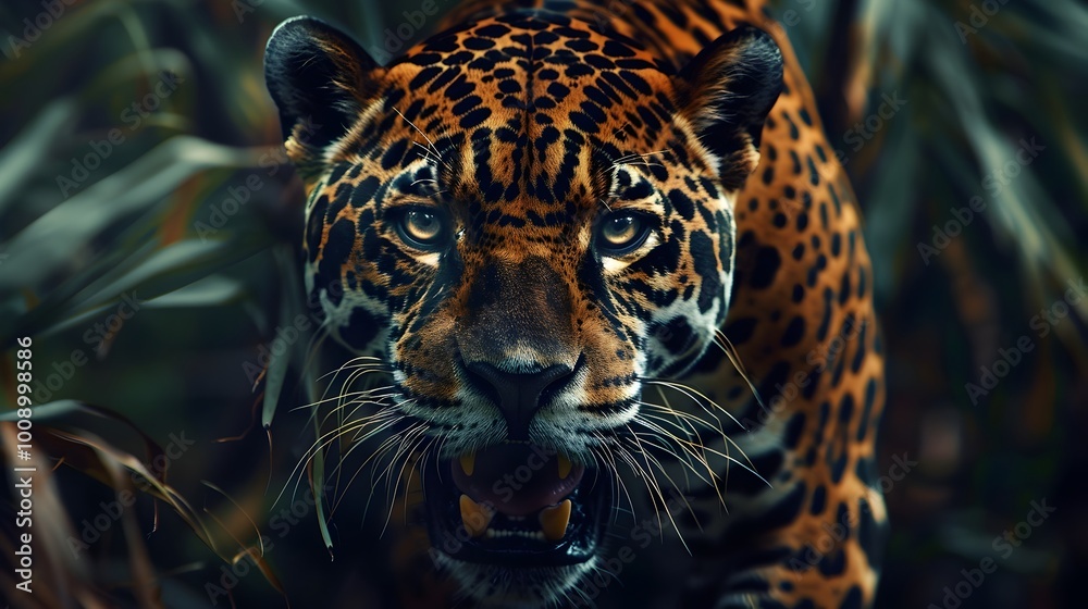 Fierce Jaguar Predator with Glowing Eyes and Snarling Expression Captured in Close up Portrait Fierce Jaguar Predator with Glowing Eyes and Snarling Expression Captured in Close up Portrait