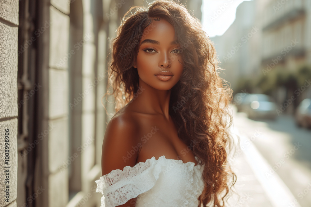 Naklejka premium portrait of a bride in the street with sunset