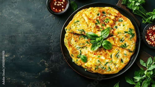 Flat lay of Vietnamese banh xeo savory pancakes with herbs and sauce, ample copy space