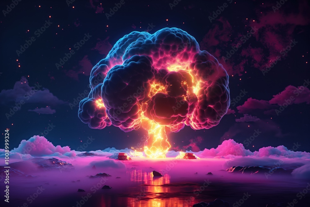 Nuclear explosion in dark background with neon colors. Futuristic concept of energy, electricity, and power. Bright, illuminated, and glowing atomic bomb. Symbol of innovation and technology. Nuclear explosion in dark background with neon colors. Futuristic concept of energy, electricity, and power. Bright, illuminated, and glowing atomic bomb. Symbol of innovation and technology.