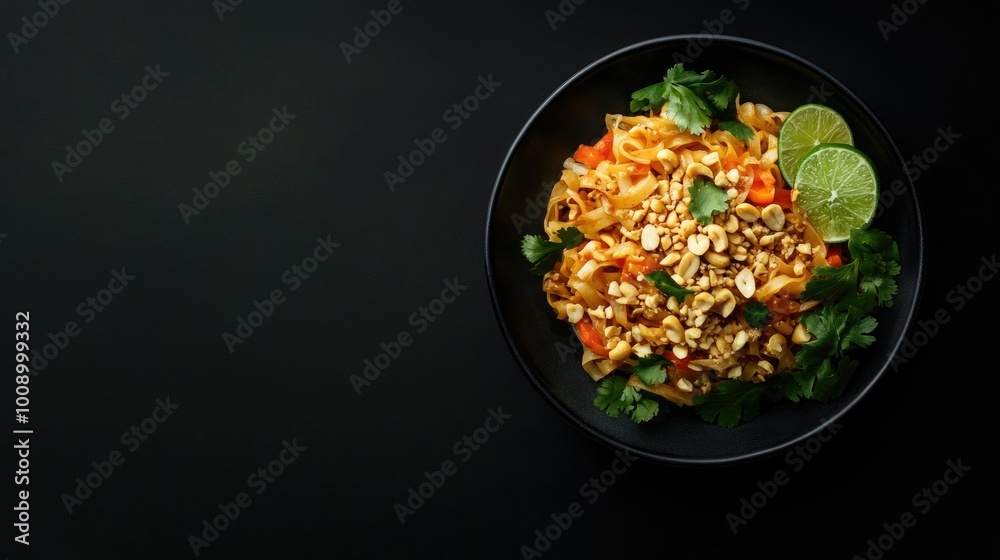 Top view of a serving of pad thai with peanuts and lime, space for copy or branding Top view of a serving of pad thai with peanuts and lime, space for copy or branding