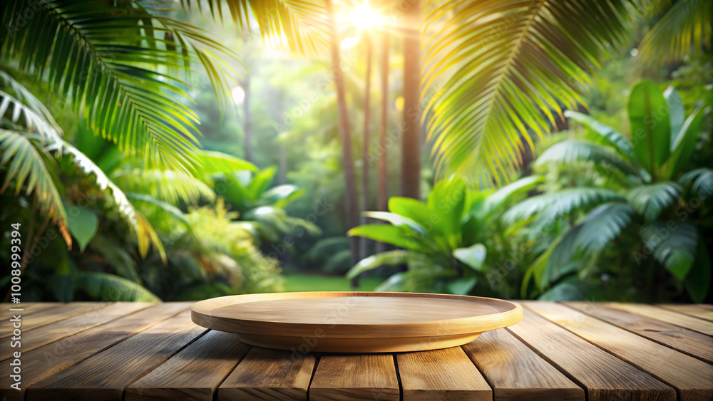 a wooden plate stands on a wooden table against the backdrop of a blurred tropical forest in daylight a wooden plate stands on a wooden table against the backdrop of a blurred tropical forest in daylight
