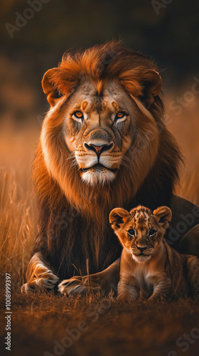 portrait of a lion with a young cub