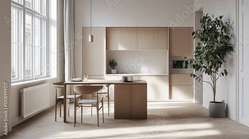 Open-plan studio with a compact, retractable kitchen island that doubles as a dining table. Emphasize the minimalistic design and multifunctionality of the furniture, keeping the rest of the room uncl photo