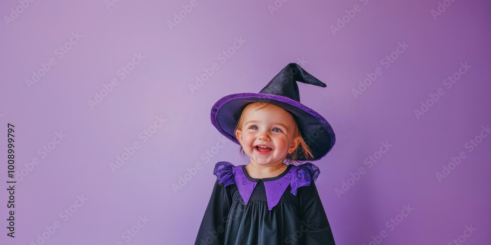 A happy toddler girl in a witch costume smiles against a light purple Halloween backdrop