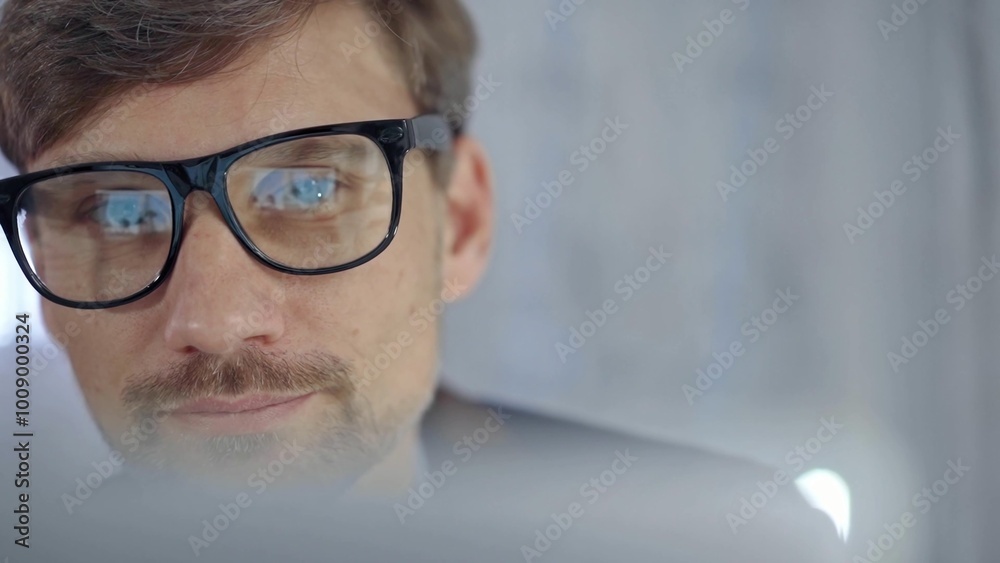 Businessman with glasses looking intently obscured partially by a translucent surface of laptop. Business people concept Businessman with glasses looking intently obscured partially by a translucent surface of laptop. Business people concept