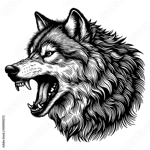 fierce howling wolf growling with bared teeth. Tattoo design. Strength and wild nature sketch engraving generative ai PNG illustration. Scratch board imitation. Black and white image. photo