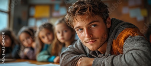 Young man looking at camera, three girls in the background.