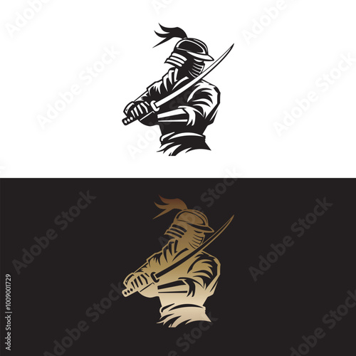 Warrior Knight with Sword in Dynamic Black and Gold Vector Art