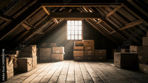 Sunlit attic filled with vintage boxes and wooden beams