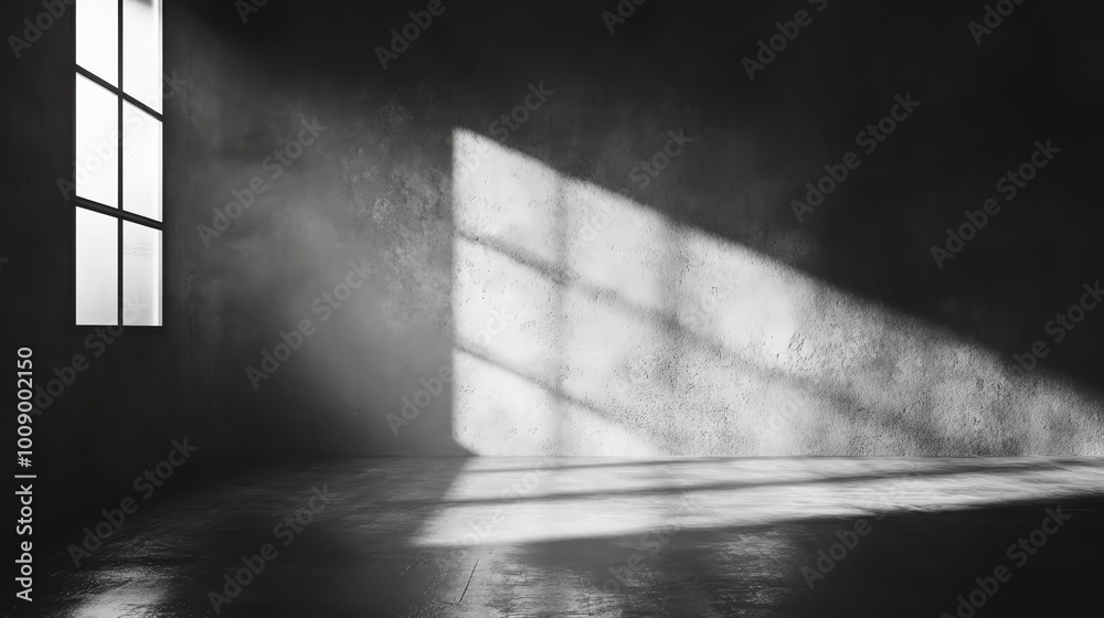 A dimly lit room with shadows casting from a window, creating a moody atmosphere and highlighting the textured walls. A dimly lit room with shadows casting from a window, creating a moody atmosphere and highlighting the textured walls.