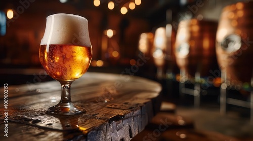 Craft beer in a rustic brewery, rich and inviting, Culinary, Warm tones, Photograph, Artisanal delight