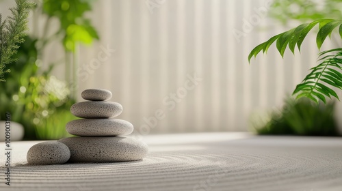 Tranquil stone stack in a serene indoor garden setting