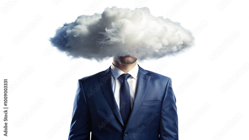 handsome businessman in suit standing confidently with a cloud above him handsome businessman in suit standing confidently with a cloud above him
