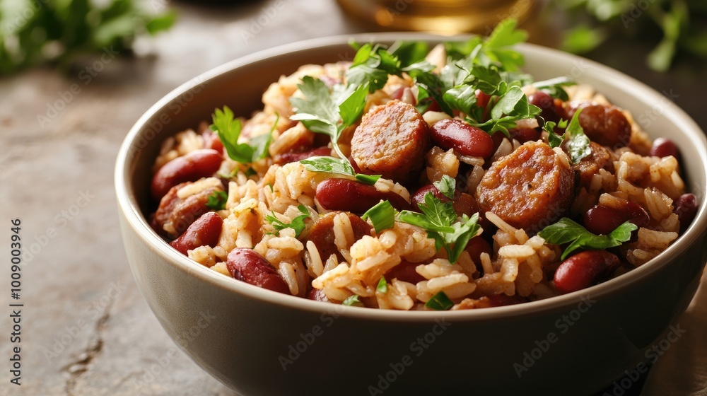 Southern-style red beans and rice with sausage, served in a bowl with copy space for menu concepts or recipe branding. Southern-style red beans and rice with sausage, served in a bowl with copy space for menu concepts or recipe branding.
