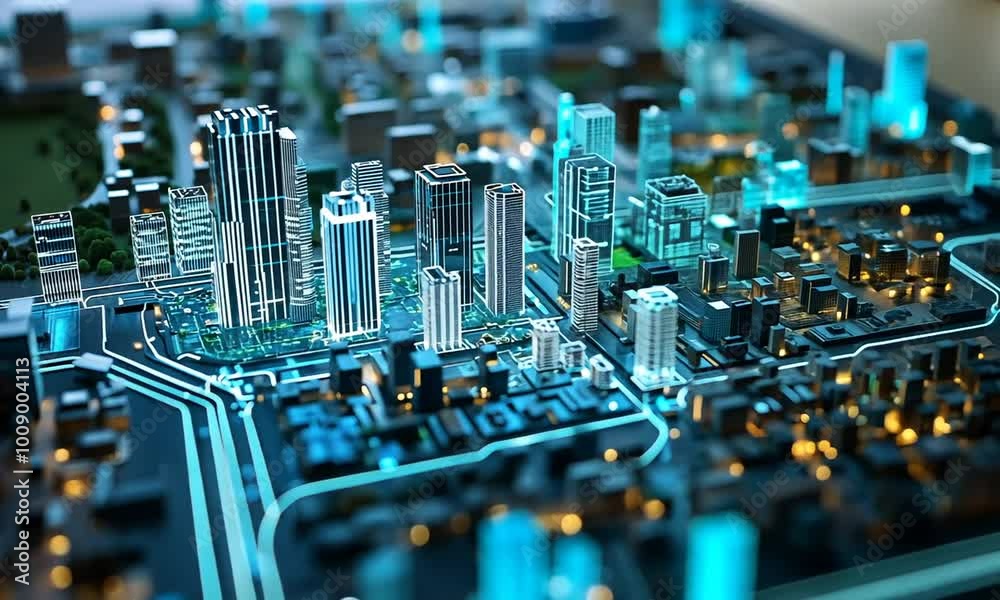 A miniature model of a futuristic city with glowing blue lights. A miniature model of a futuristic city with glowing blue lights.
