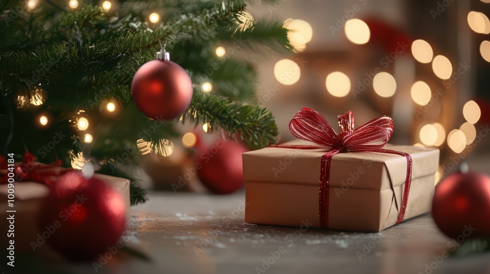Festive Christmas scene with gift and ornaments under tree
