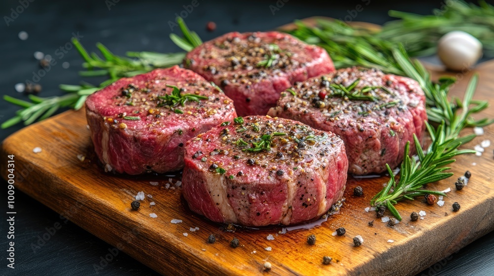 Steaks seasoned with herbs and spices on a wooden cutting board, with room for recipe text or food-related designs. Steaks seasoned with herbs and spices on a wooden cutting board, with room for recipe text or food-related designs.