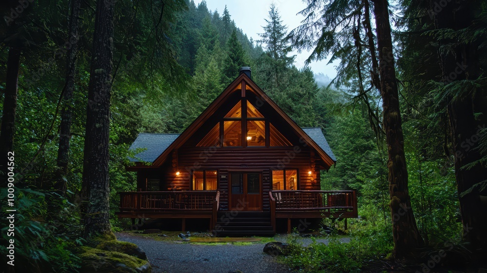 Cozy cabin nestled in a lush forest setting