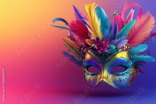 venetian carnival mask isolated on gradient purple and gold background