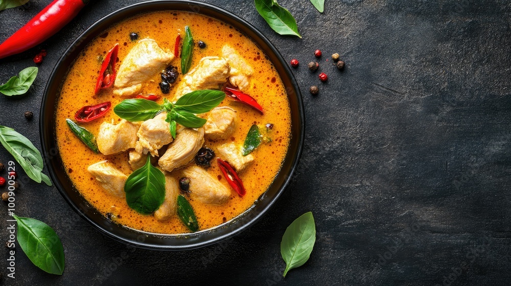 Top view of Thai chicken curry with coconut milk and spices, with ample copy space