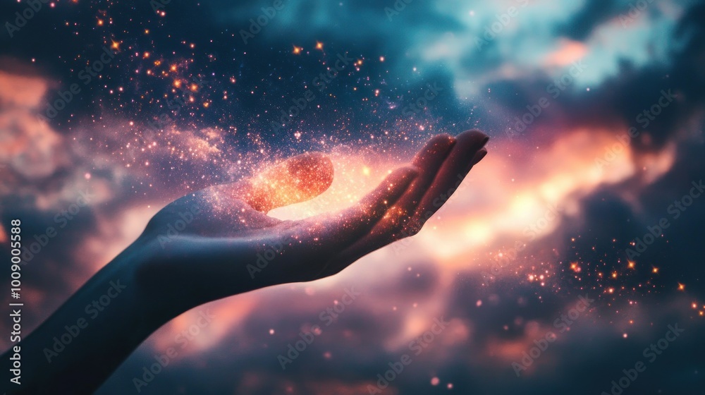 Hand Holding Glowing Dust Particles Against Cloudy Sunset Sky Hand Holding Glowing Dust Particles Against Cloudy Sunset Sky