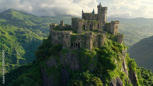 Ancient stone castle on a hill, with lush greenery surrounding it