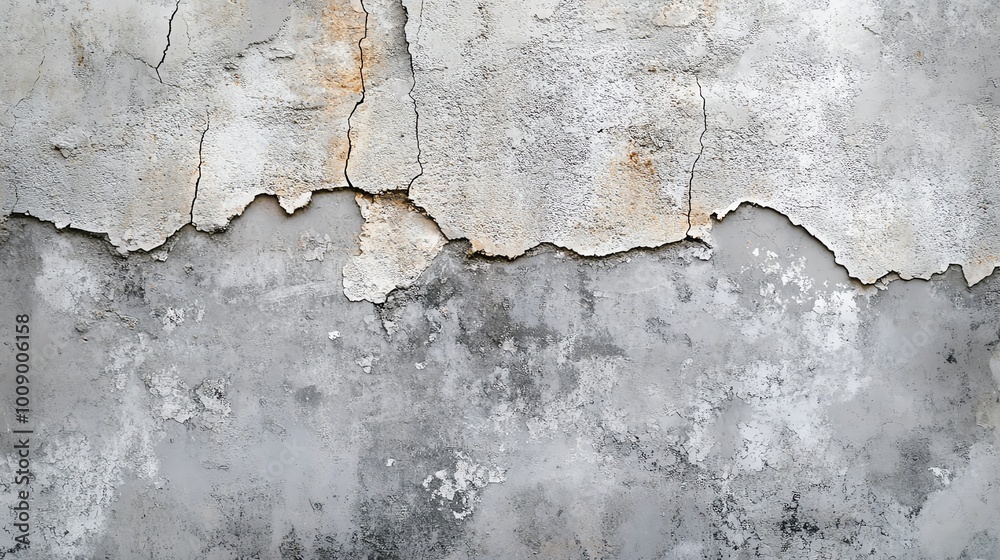 Obraz premium Textured gray wall with peeling plaster and cracks, showcasing an aged and weathered appearance for artistic backgrounds.
