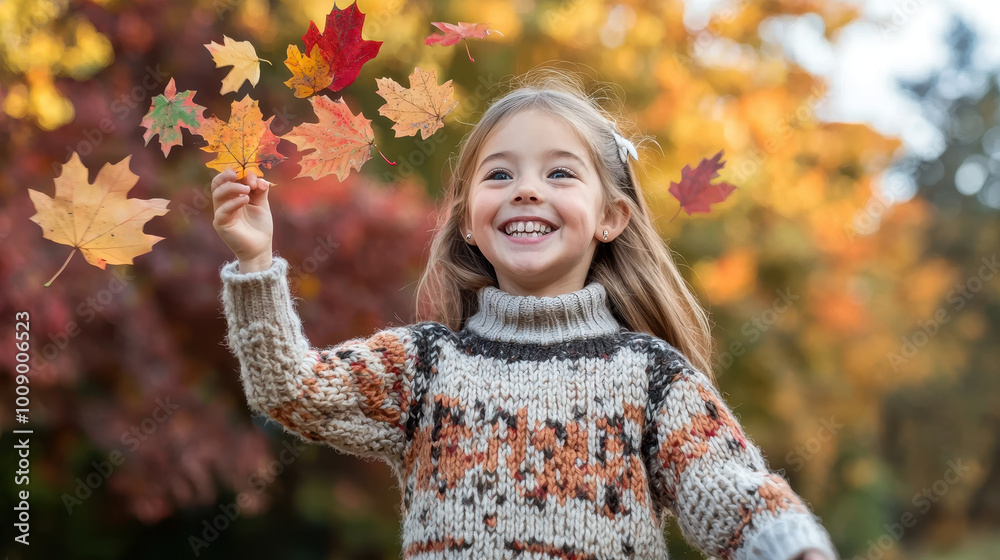 Joyful girl playing with colorful autumn leaves in a vibrant fall park, wearing a cozy knitted sweater with a big smile Joyful girl playing with colorful autumn leaves in a vibrant fall park, wearing a cozy knitted sweater with a big smile