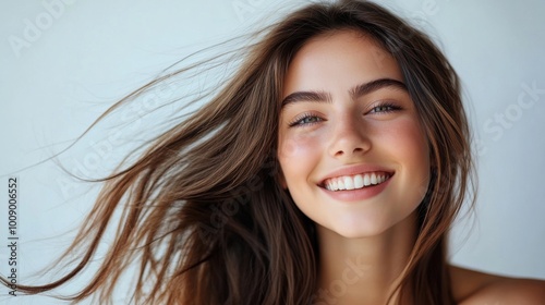 A young woman with smooth, flowing hair, laughing and looking off-camera, set against a white background, capturing the joy and vitality of a healthy lifestyle.