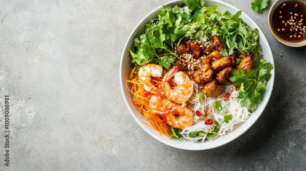 Top view of Vietnamese vermicelli bowl with fresh herbs and shrimp, space for text Top view of Vietnamese vermicelli bowl with fresh herbs and shrimp, space for text