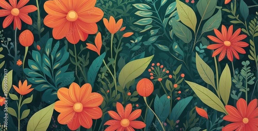 Vibrant floral pattern featuring orange flowers and lush greenery in a colorful , created by ai generated Vibrant floral pattern featuring orange flowers and lush greenery in a colorful , created by ai generated