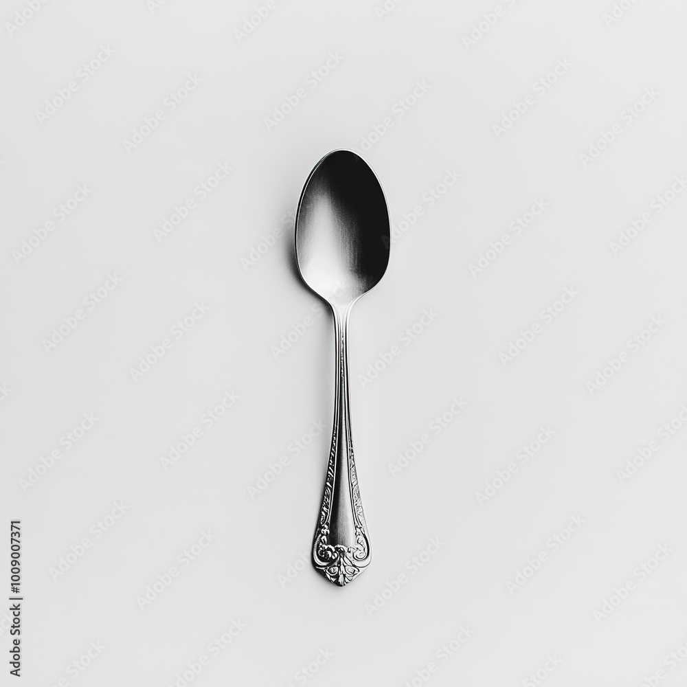 A silver spoon with an ornate handle, placed on a plain background. A silver spoon with an ornate handle, placed on a plain background.