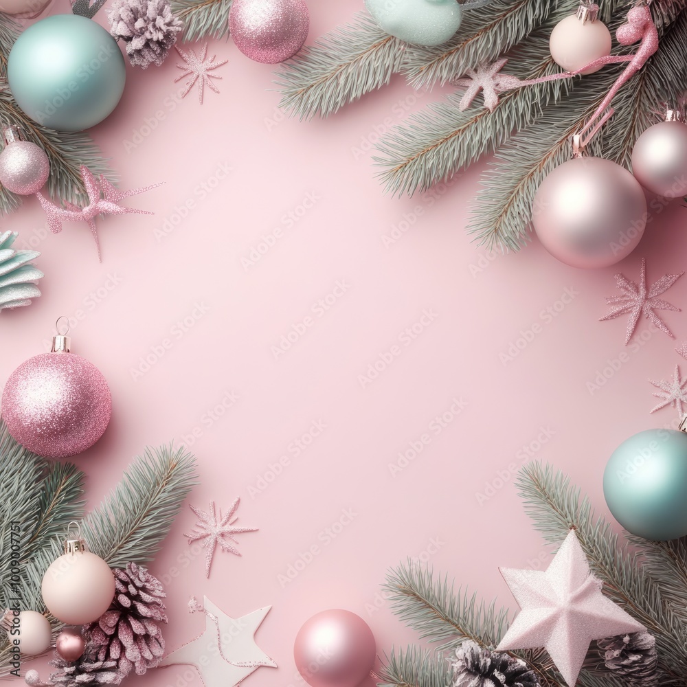 Christmas pastel colors background, gift box and sparkling tree on a festive background. Classic Christmas composition with fir branches, baubles.