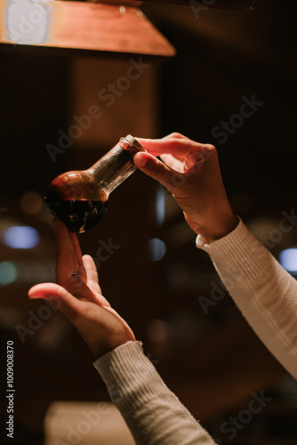 A bottle of balsamic vinegar exposed to the light for a quality check